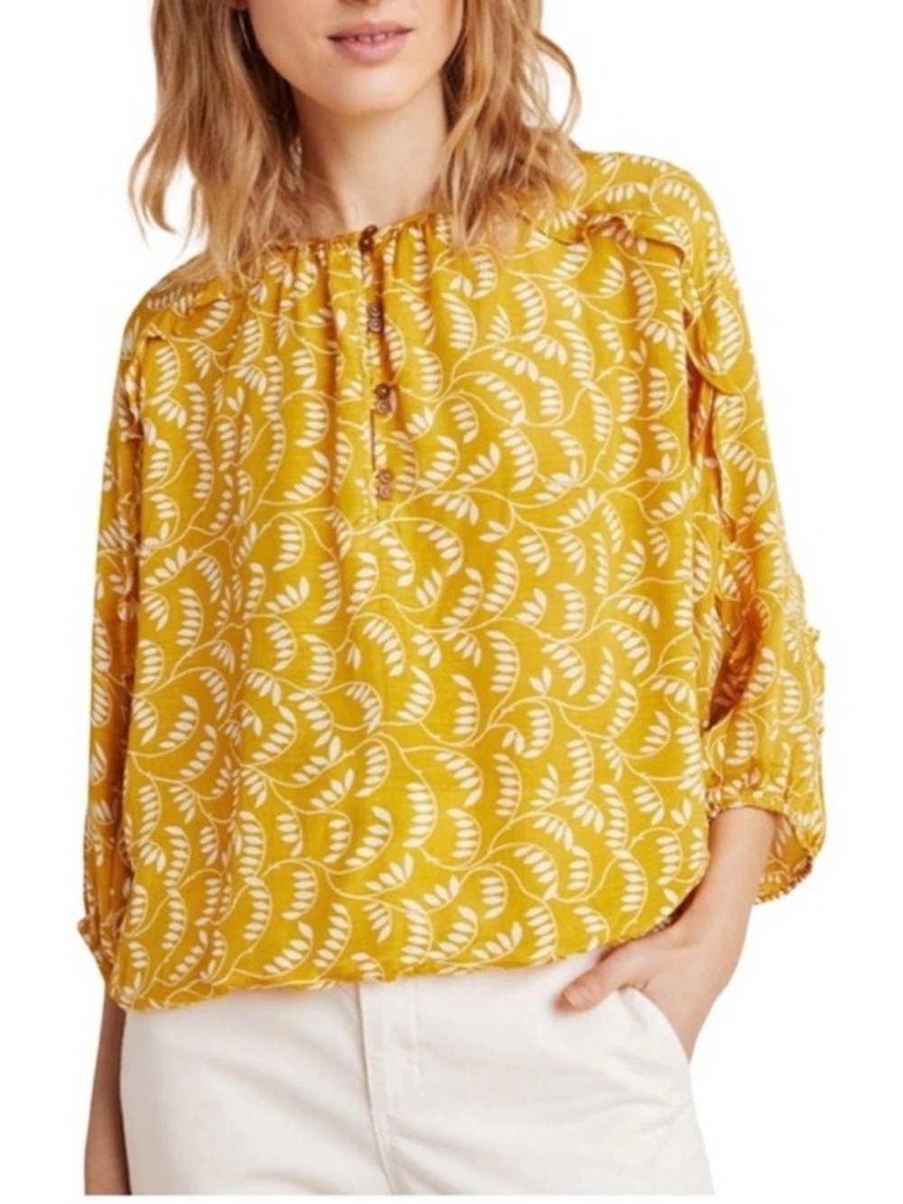 Maeve by Anthropologie Yellow Mustard Leaf Peasant  Boho Top medium